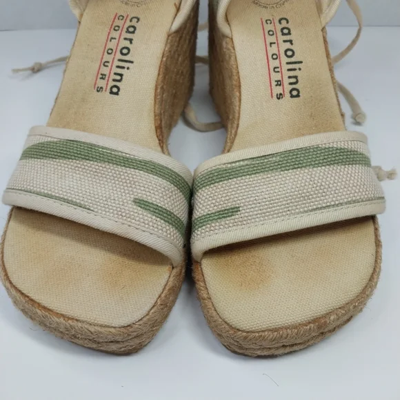 Carolina Colours Size 7 Tan Green Espadrille Wedge Y2K Tie Ankles Sandals Shoes - Picture 11 of 12